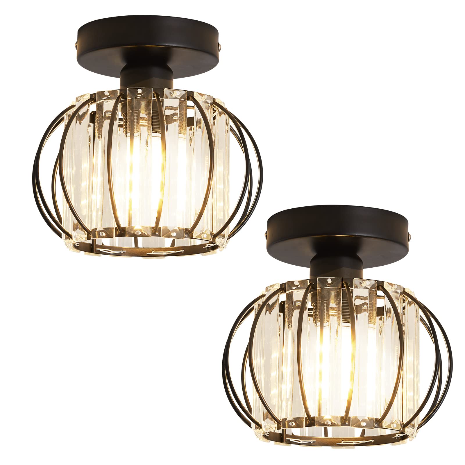 Photo 1 of YYJLX 2 Pack Semi Flush Mount Ceiling Light Fixture Modern Small Crystal Chandelier Mini Indoor Ceiling Lamp for Bathroom Hallway Foyer Porch Hall Closet?Black?