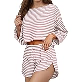 Womens Split Short Pajamas Set 2 Piece Long Sleeve Shorts Strpied Pjs Sleepwear Access Crew Neck Loungewear