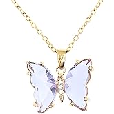 Rrdaily Simple Crystal Butterfly Birthstone Necklace - 14K Gold Plated Chain, Adjustable Cute Butterfly Jewelry for Women Birthday Gifts