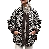Flygo Women's Leopard Fuzzy Fleece Jacket Casual Corduroy Patchwork Long Sleeve Button Down Winter Coat Outerwear with Pocket