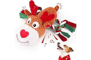 BBeary Christmas Dog Toys - Rope Reindeer Durable Squeaky Plush Dog Toy for Small, Medium & Large Dogs, Soft Xmas Gift for Pets