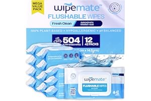 Wipemate ULTRA Flushable Butt Wipes, Soothing Vitamin E & Aloe, 99% Water, Fresh Clean Premium Super Soft Hygiene Wipes, Septic & Sewer Safe, 12 Premium Flip-Top Packs, 42 Wipes Per Pack (504) Ct