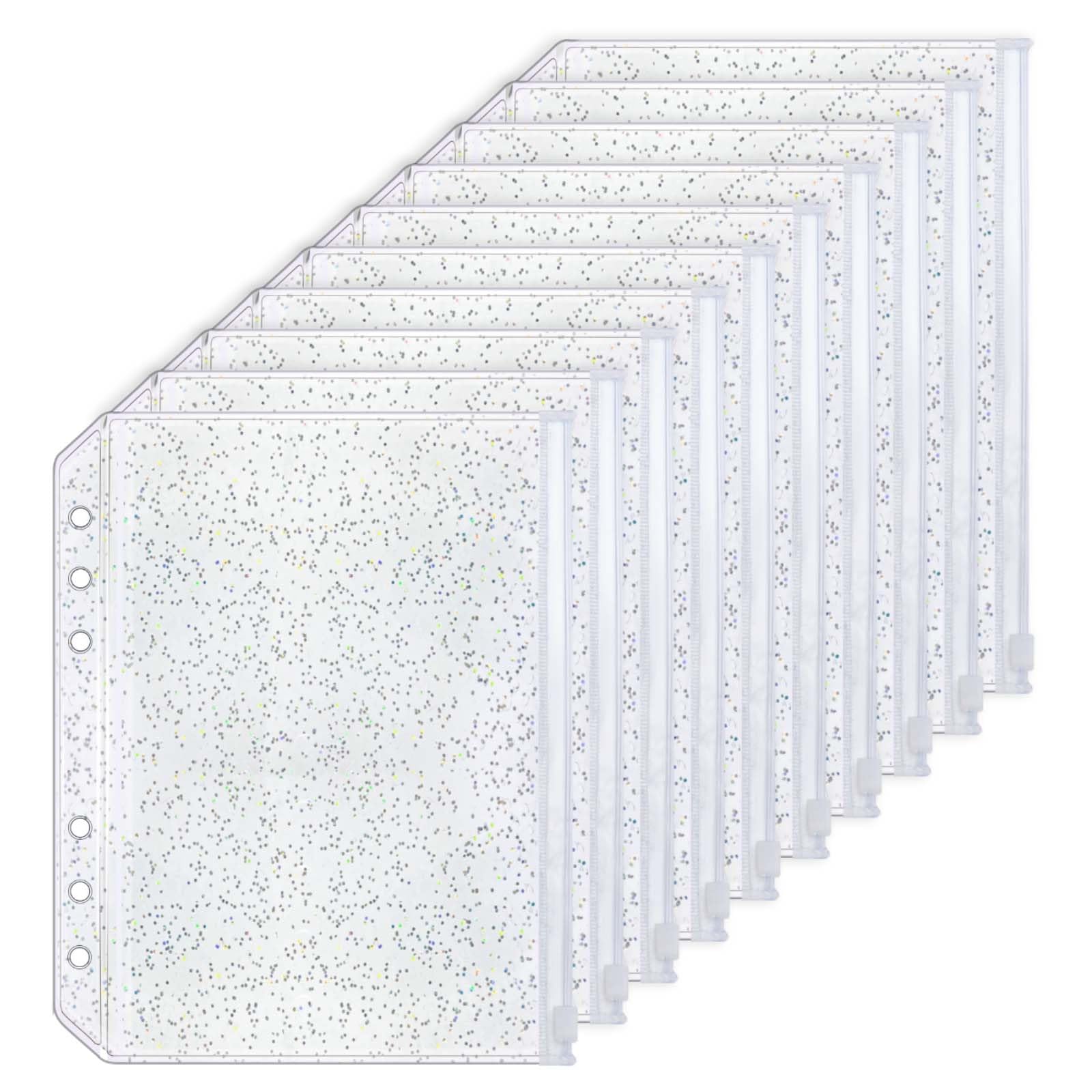 Photo 1 of 10pcs A5 Cash Stuffing Envelopes Zipper Binder Pockets Clear Glitter PVC 6 Hole Zip Sleeves Loose Leaf Pouches for 6 Ring Binder Planner (A5 5.91" x 8.19")