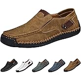 Men's Leather Casual Slip-On Loafers Driving Walking Shoes,Vintage Trendy Comfy Hand-Stitching Non-Slip Dress Flats