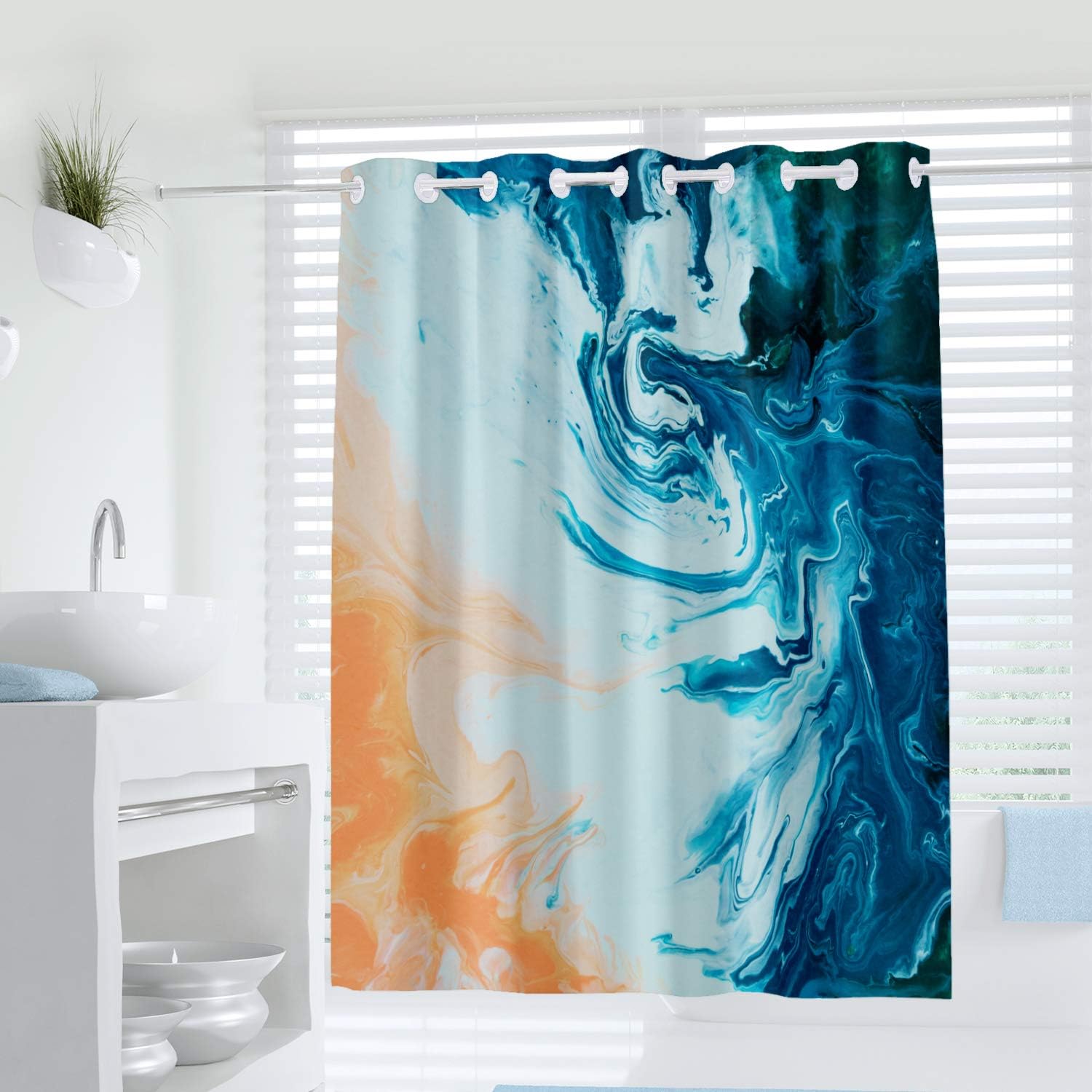 Abstract Art No Hook Shower Curtain, Fantasy Coral Sand Beach and Ocean Waves Print Curtain for Bathroom Decor,Waterproof Fabric Bathtub Showers 72 x 72 Inches,Blue Orgnge White