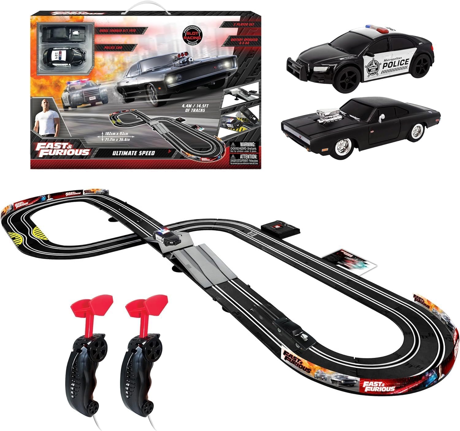 Fast & Furious Ultimate Speed Electric Racetrack Slot Car Set, 2x 1:43 Replica Cars, Eight Figure Track 4.4M / 14.5FT Racetrack Race Set For Kids, Ages 3+
