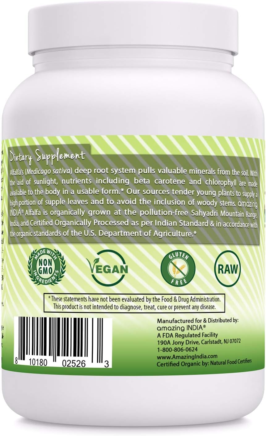Amazing India Organic Alfalfa Powder 16 Oz (481.94 Gm) - USDA Certified Organic- Raw, Vegan Plant-Based Nutrition- Supports Digestive Health, Detoxification and Immune Health*: Health & Personal Care
