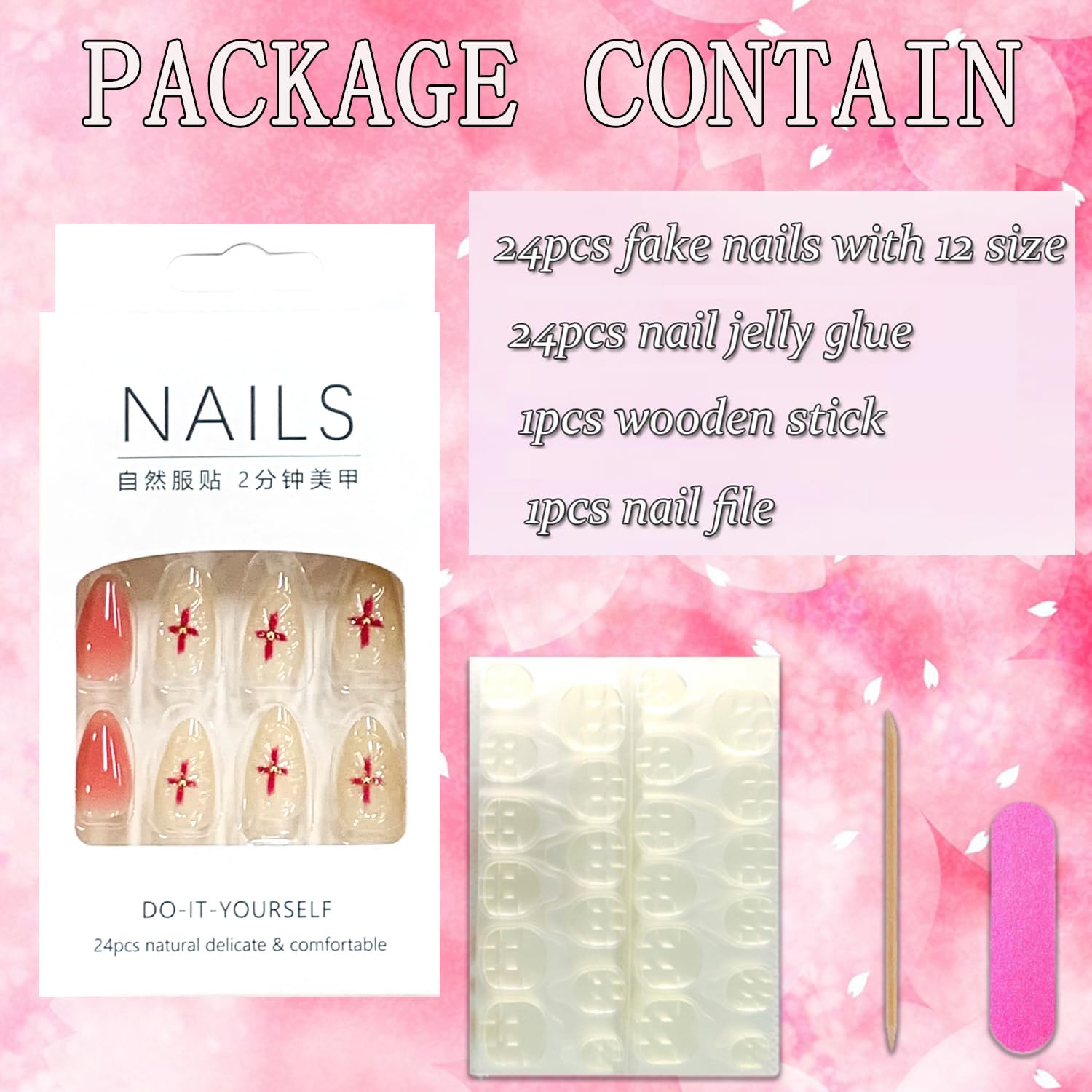 Spring Press on Almond Nails Medium Glossy Full Cover Almond French False Nails with Floral Designs Artificial Almond Shaped Fake Nails with Charms Glue Stick ons Fingernails for Women Girls(Z935) - Image 4