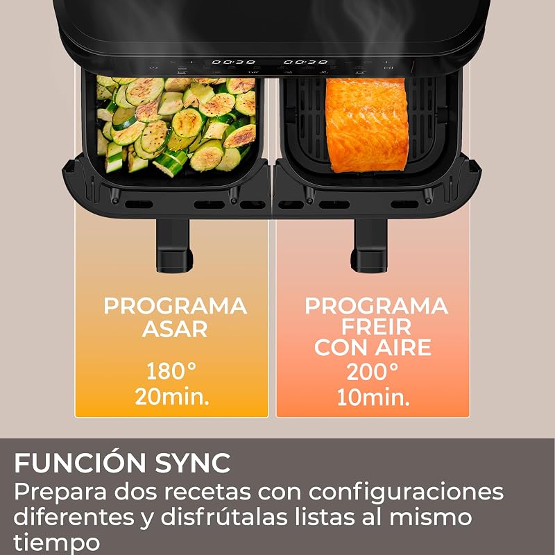 Fritadeira de ar de gaveta dupla 11L, 8 em 1: Fritar a ar, grelhar, assar, cozer, desidratar, reaquecer, descongelar, cozinhar lentamente, função de sincronização, antiaderente, máquina de lavar loiça [HAF3AD]