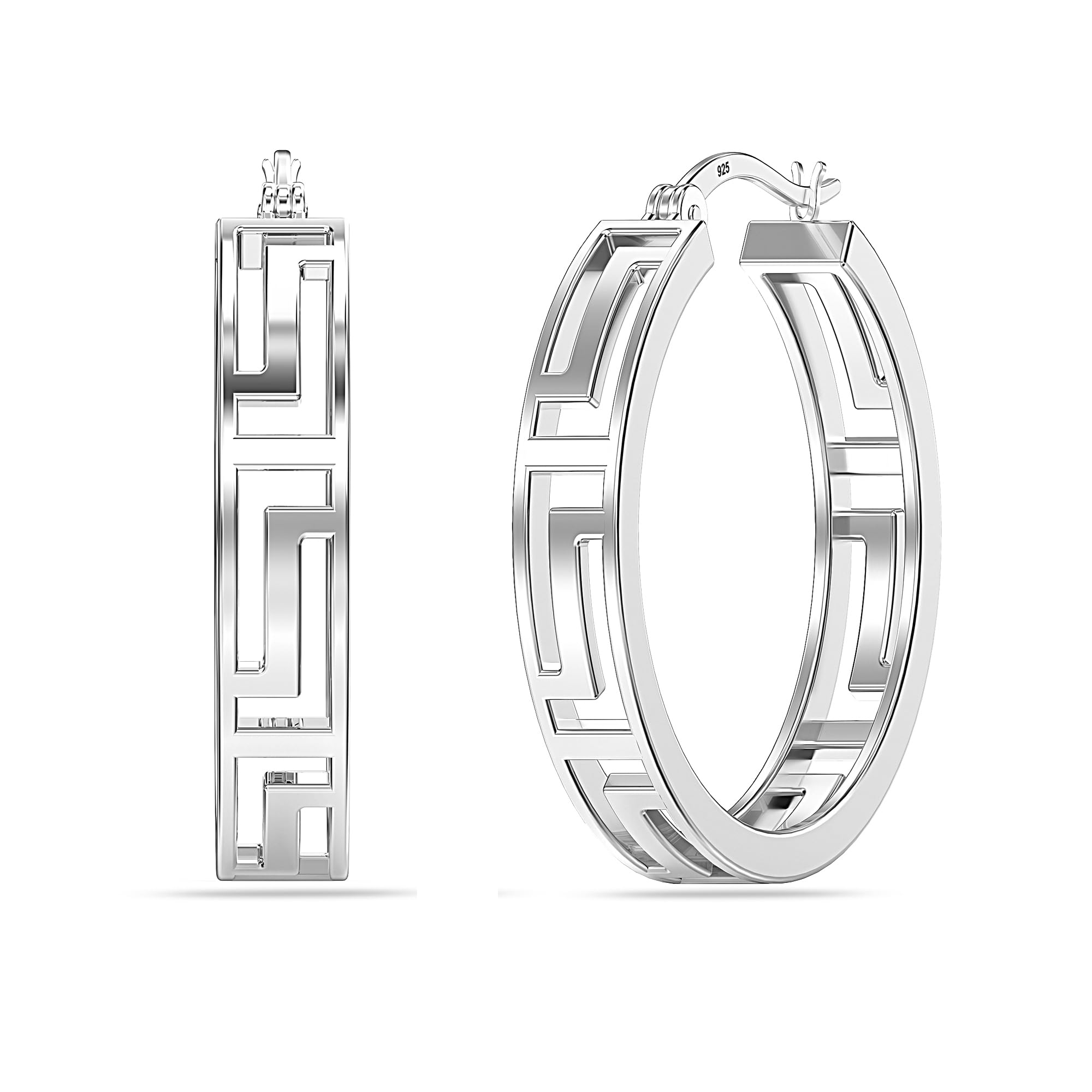 LeCalla 925 Sterling Silver Greek Key Hoop Earrings | Round Click-Top Lightweight Greek Key Wall Earring Hoops for Women 20MM
