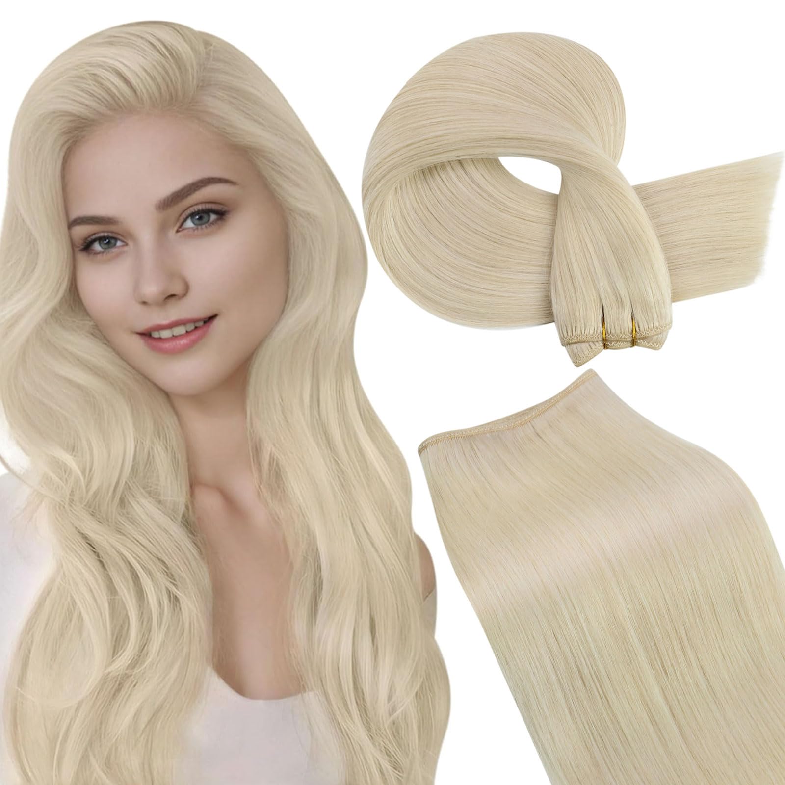 LaaVoo Weft Hair Extensions Real Human Hair Blonde 100g 16 Inch Sew in Hair Extensions Full Head Straight Platinum Blonde Remy Invisible Double Weft Weave #613 — image 1
