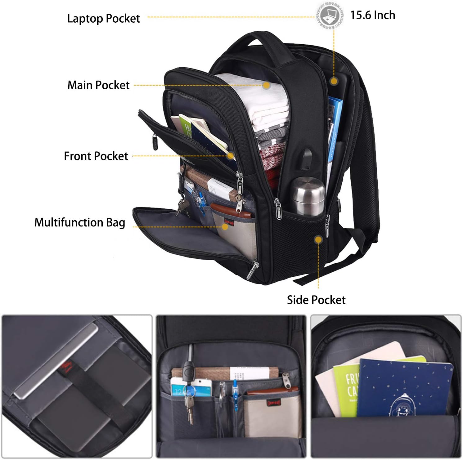 FANDARE Unisex Backpack Business Laptop Daypack Travel Rucksack with USB Charging Port Waterproof College School Computer Bag Bookbag for Women & Men Fits 15.6 Inch Laptop and Notebook New Black - Image 5
