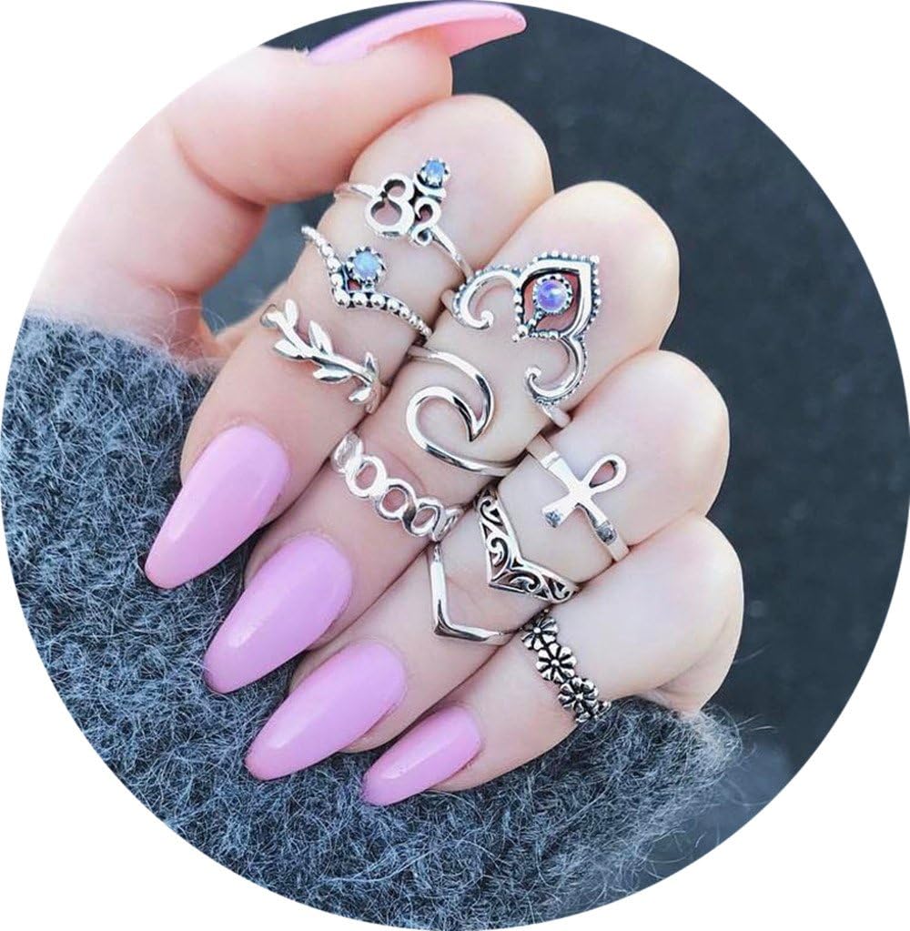 10 Pieces Vintage Crystal Hollow Carved Ring Set Flower Mid Ring