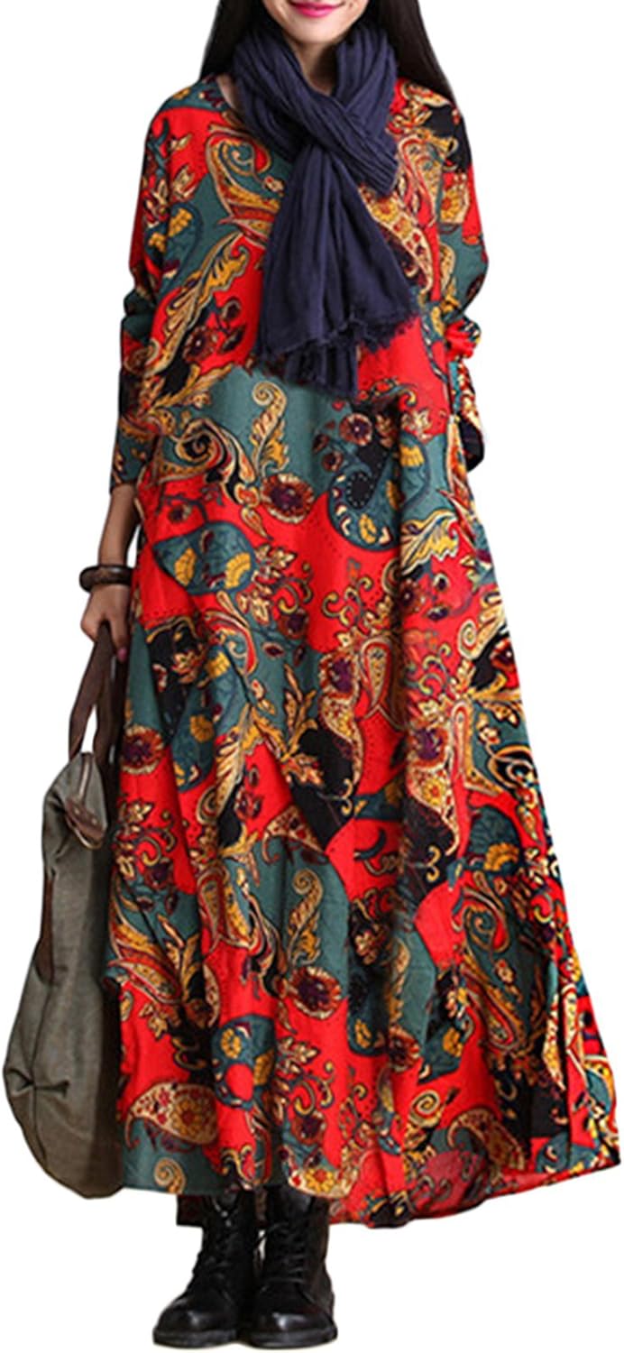 MISSLOOK Women's Vintage Tribal Printed Plus Size Long Maxi Dress Red XXL at Amazon Women’s