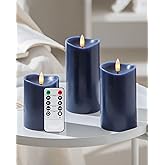 Velsyn Navy Blue Flameless Candles with Remote and Timer, Real Wax Made LED Pillar Candles Battery Operated with 3D Flickering Flame Melted Top, 3" x 4",5",6", Navy Blue Decor, Set of 3
