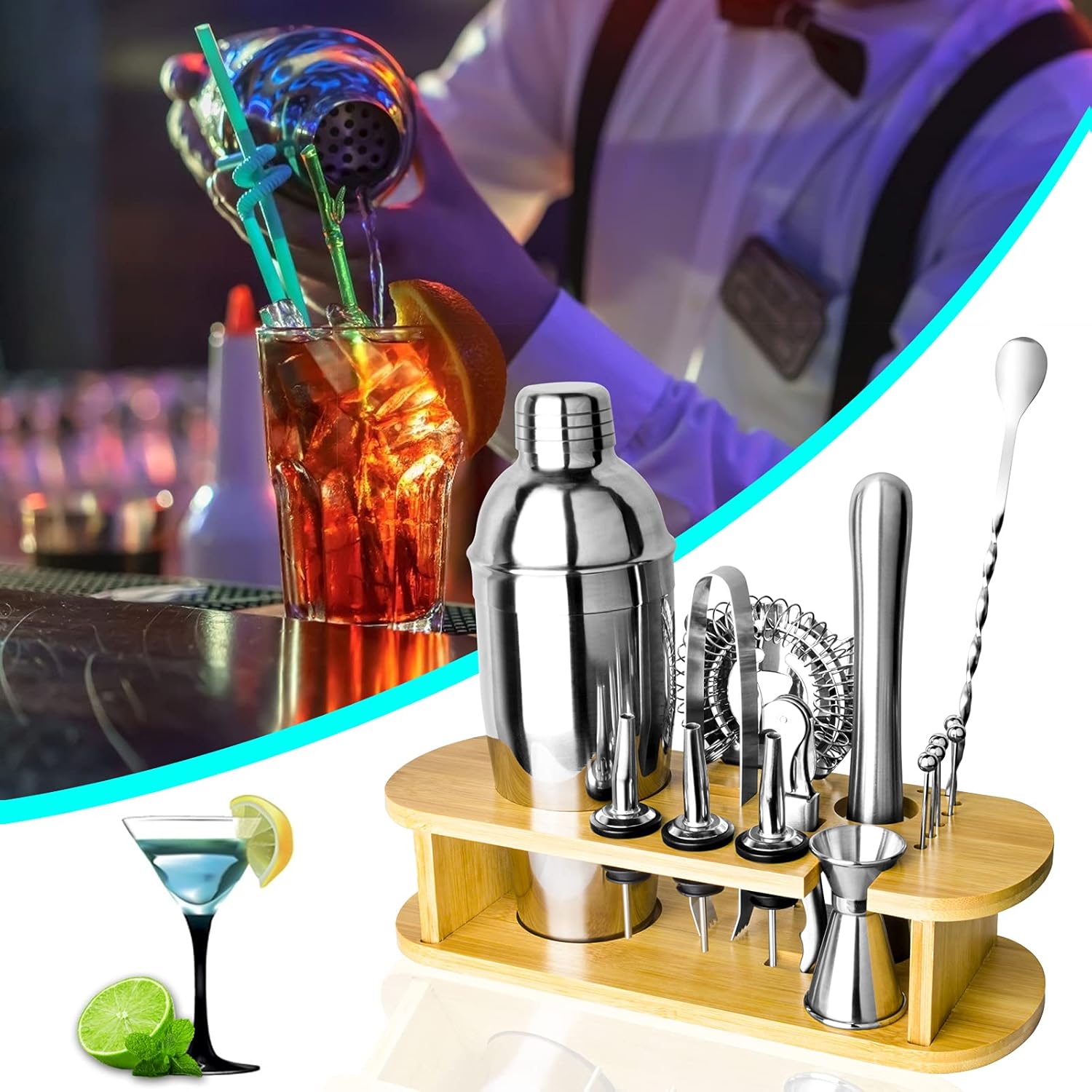 Bar Set Cocktail Shaker Set - 16 Piece Bartender Kit with Bamboo Stand Premium Stainless Steel Bartendering Tool for Home, Bars, Traveling, Outdoor Parties (Silver): Kitchen & Dining