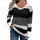 FEKOAFE Womens V Neck Sweaters Casual Pullover Sweaters for Women 2025 Trendy
