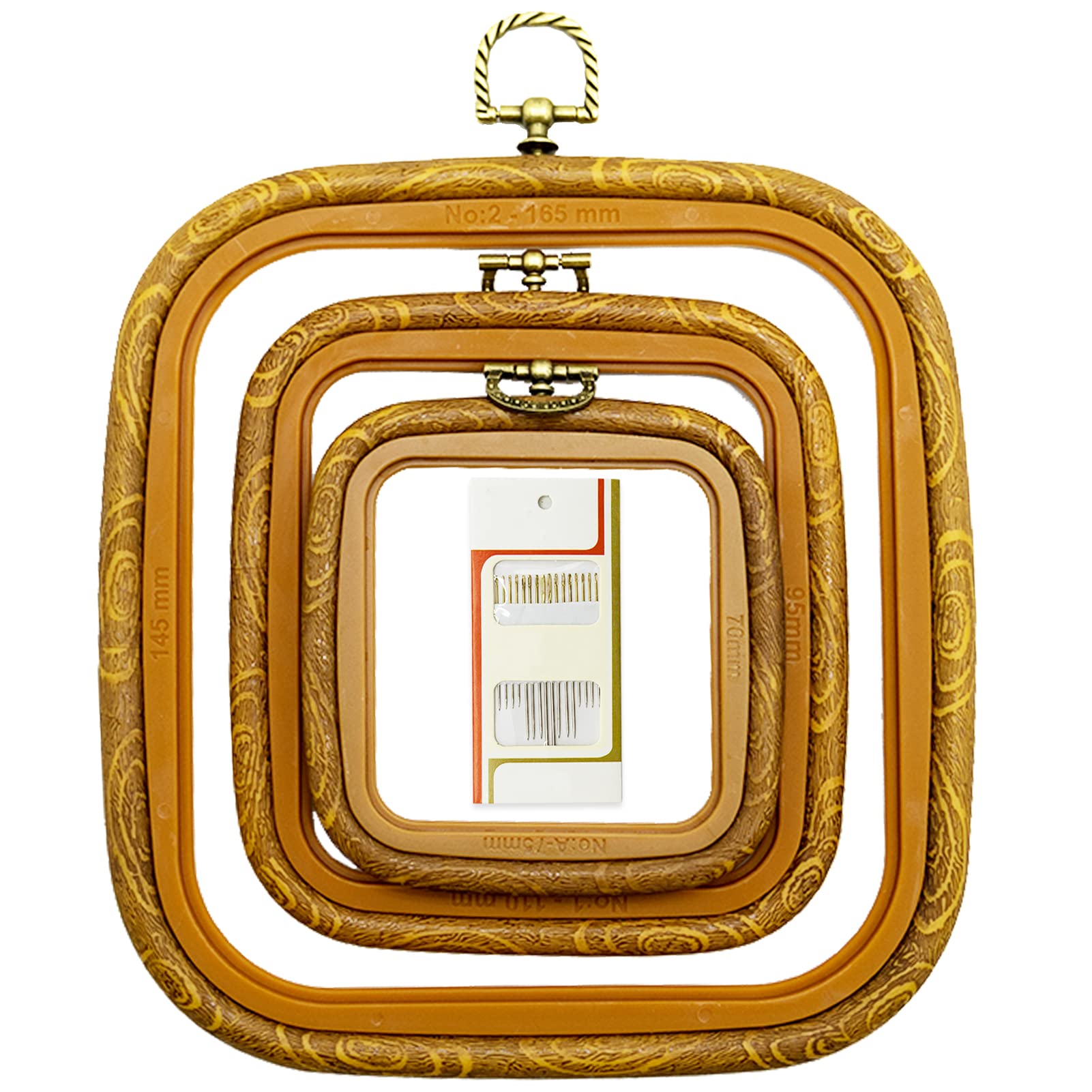 3 Sizes Imitated Wood Square Embroidery Hoop Set Plastic Circle Cross Stitch Hoop Rings for DIY Craft Sewing,Including 16pcs Gold Eye Sewing Needles