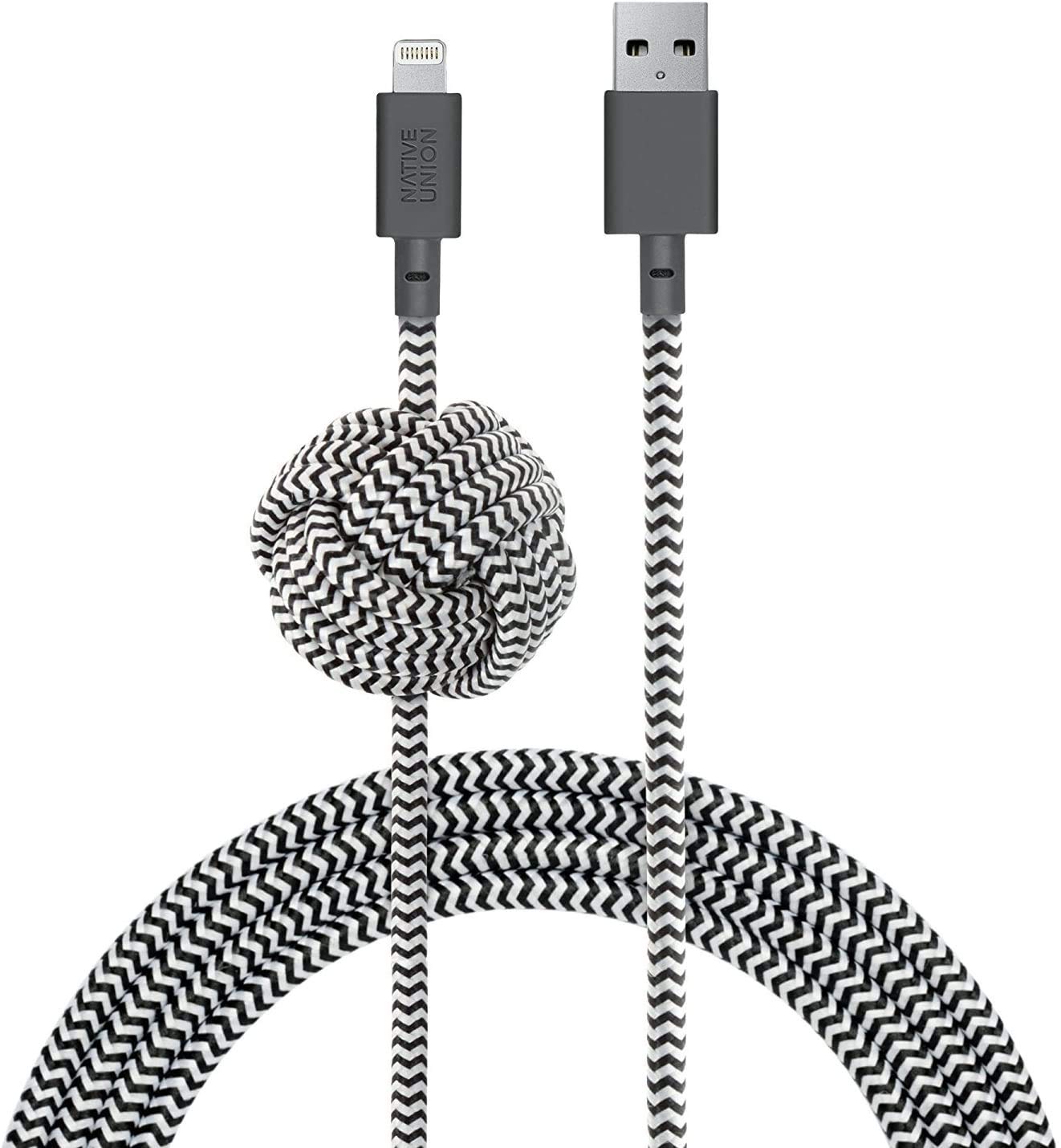 Photo 1 of Native Union Night Cable - 10ft Ultra-Strong Reinforced [MFi Certified] Durable Lightning to USB-A Charging Cable with Weighted Knot Compatible with for iPhone 14, iPhone 13 and Earlier (Zebra)