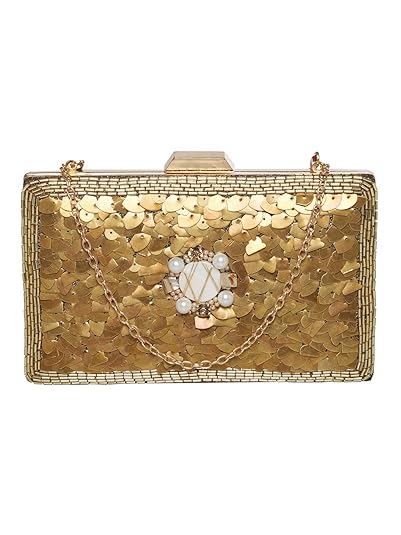 TARUSA Gold Synthetic Shimmer Material Abstract Pattern Box Clutch For Womens