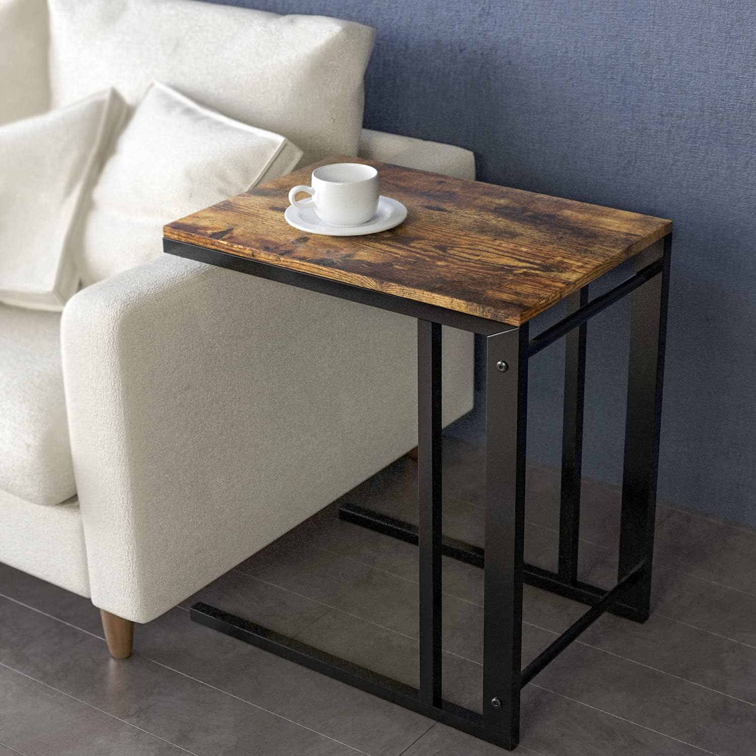 J JACKCUBE DESIGN Side End Tables with Rolling Casters, Vintage Couch Table for Coffee Laptop Tablet, with Steel Frame & Wheels, C Shaped Table for Living Room, Bedroom, Rustic Brown- MK515A: Kitchen & Dining