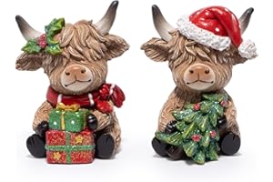 Hodao 2PCS Christmas Highland Cow Figurines Decoration with Christmas Tree & Gift Box, Xmas Holiday Highland Cow Decor for Home Tabletop Mantel Christmas Celebration - 3.75 Inch (Red-Green)