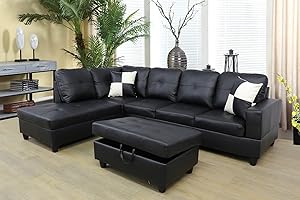 SIENWIEY Black Leather Sectional Couch for Living Room Set,Sectional Sofa L Shape Couch with Storage Ottoman/Black Faux Leather/Facing Left Chaise