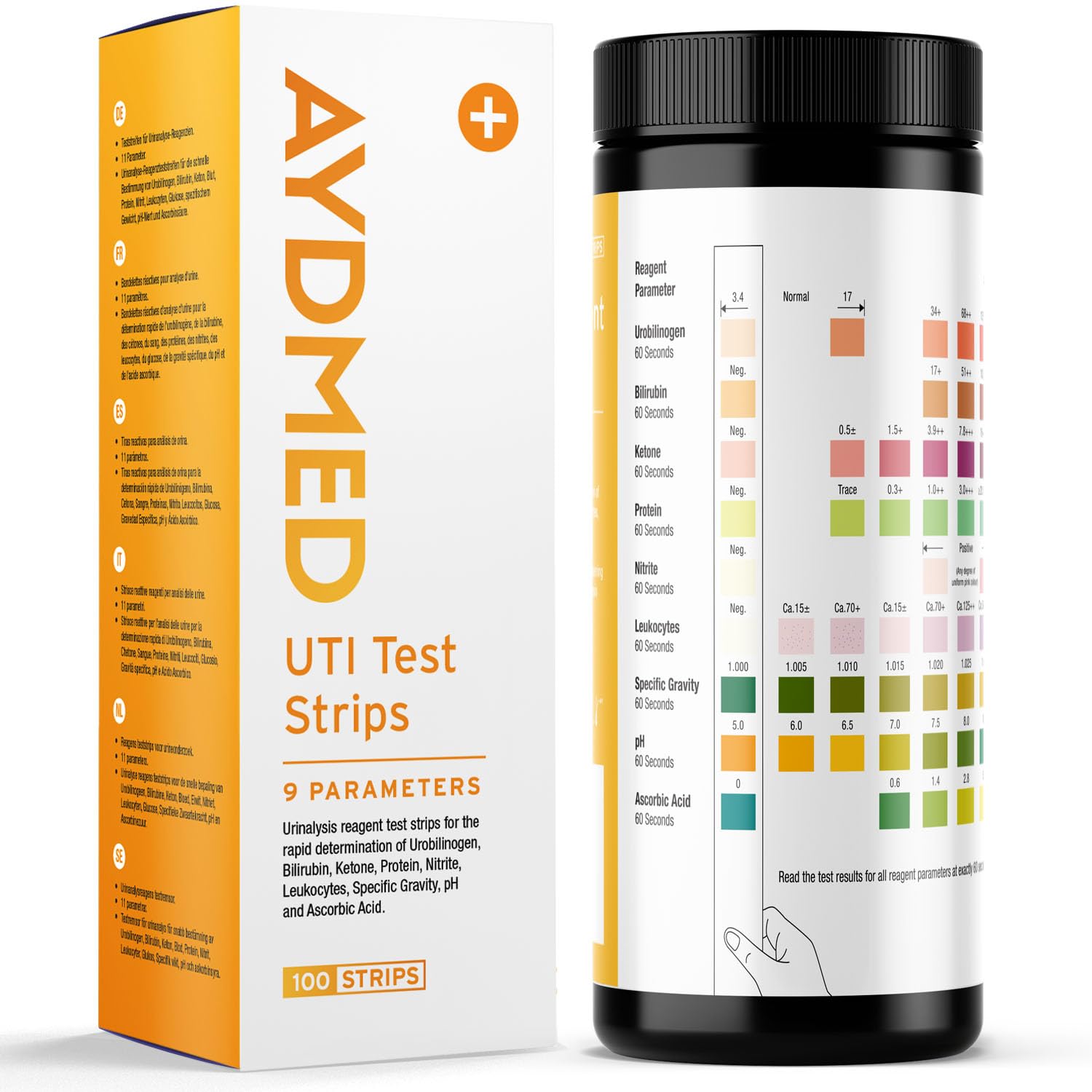 Photo 1 of 100 x AYDMED 9-in-1 UTI Test Strips | 9 Parameter Urine Test Strips for Leukocytes, Nitrite, Specific Gravity, pH, Protein, Urobilinogen, Bilirubin, Ketone & Ascorbic Acid | FSA & HSA Eligible