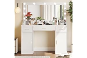 MIRROTOWEL 47.5” Vanity Desk with Large Mirror, 3 Colour Lighting Modes, Adjustable Brightness, Dresser with 3 Drawers & 2 Vertical Cabinets, Makeup Vanity Table for Women Girls White