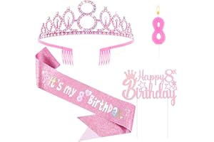 Vovii 8th Birthday Decorations for Girls - Pink Birthday Crown, Glitter Sash, Number 8 Candles and Cake Toppers for Girls 8 Year Old Party Supplies Outfit Gift