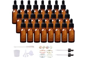HWASHIN 24 Pack 1/2 oz Amber Glass Bottles with Glass Eye Droppers for Essential Oils, Perfumes & Lab Chemicals (1 Brush, 2 F