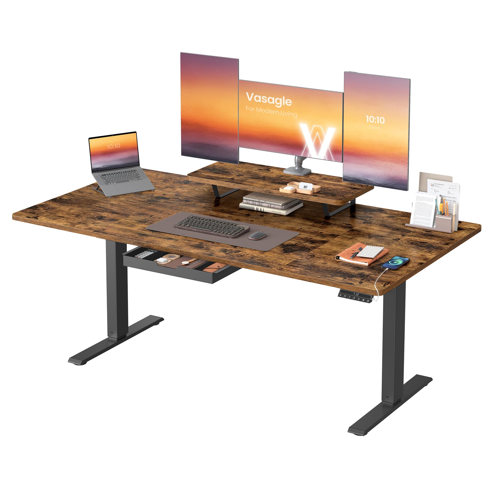 VASAGLE Höhenverstellbarer Schreibtisch, 160 x 80 cm, flexibel montierbarer Monitorständer, Schublade, USB-C-Anschluss, Erinnerung bei langem Sitzen, für Büro, vintagebraun LSD156KD01