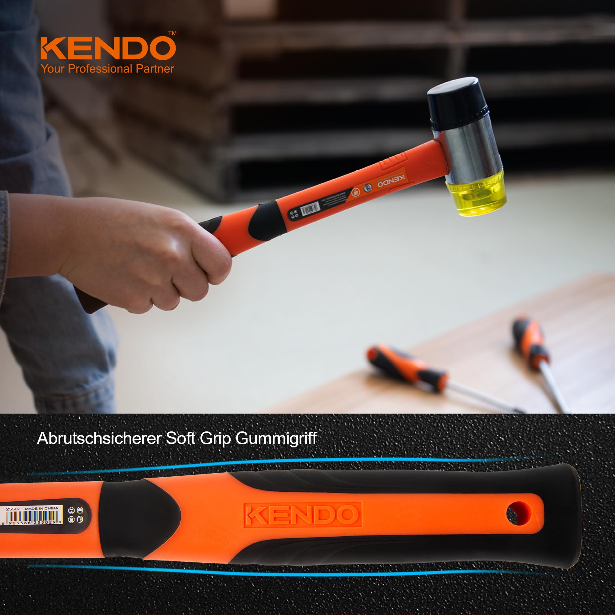 KENDO Schonhammer rückschlagfrei Ø 40 mm – Kunststoffhammer Fiberglasschaft 9