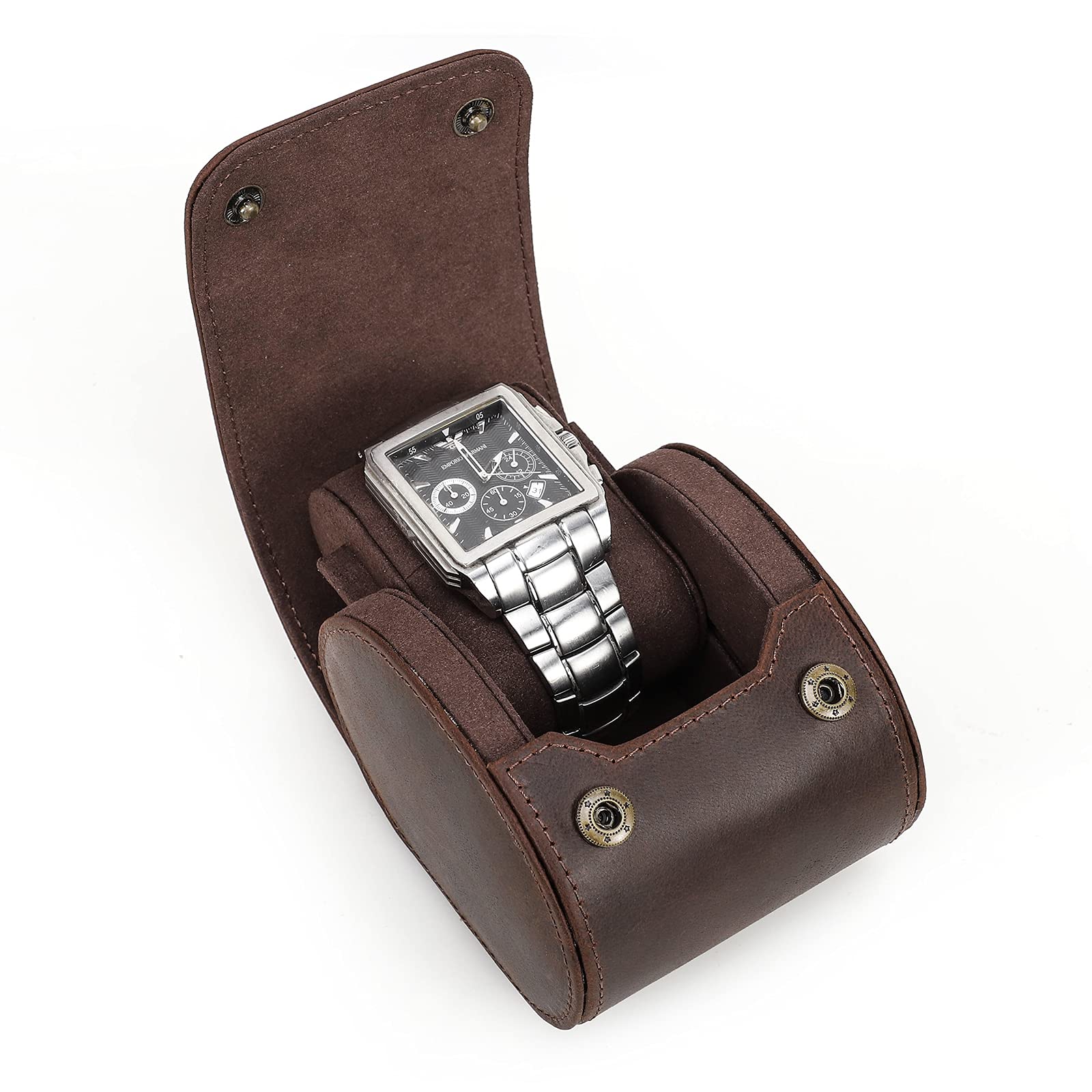 CONTACTS Genuine Leather Watch Case Roll Travel,Jewelry Watchse Storage Box and Cylindrical Watch Protector Sleeve Soft Bag (Coffee, for 1 piece watch)
