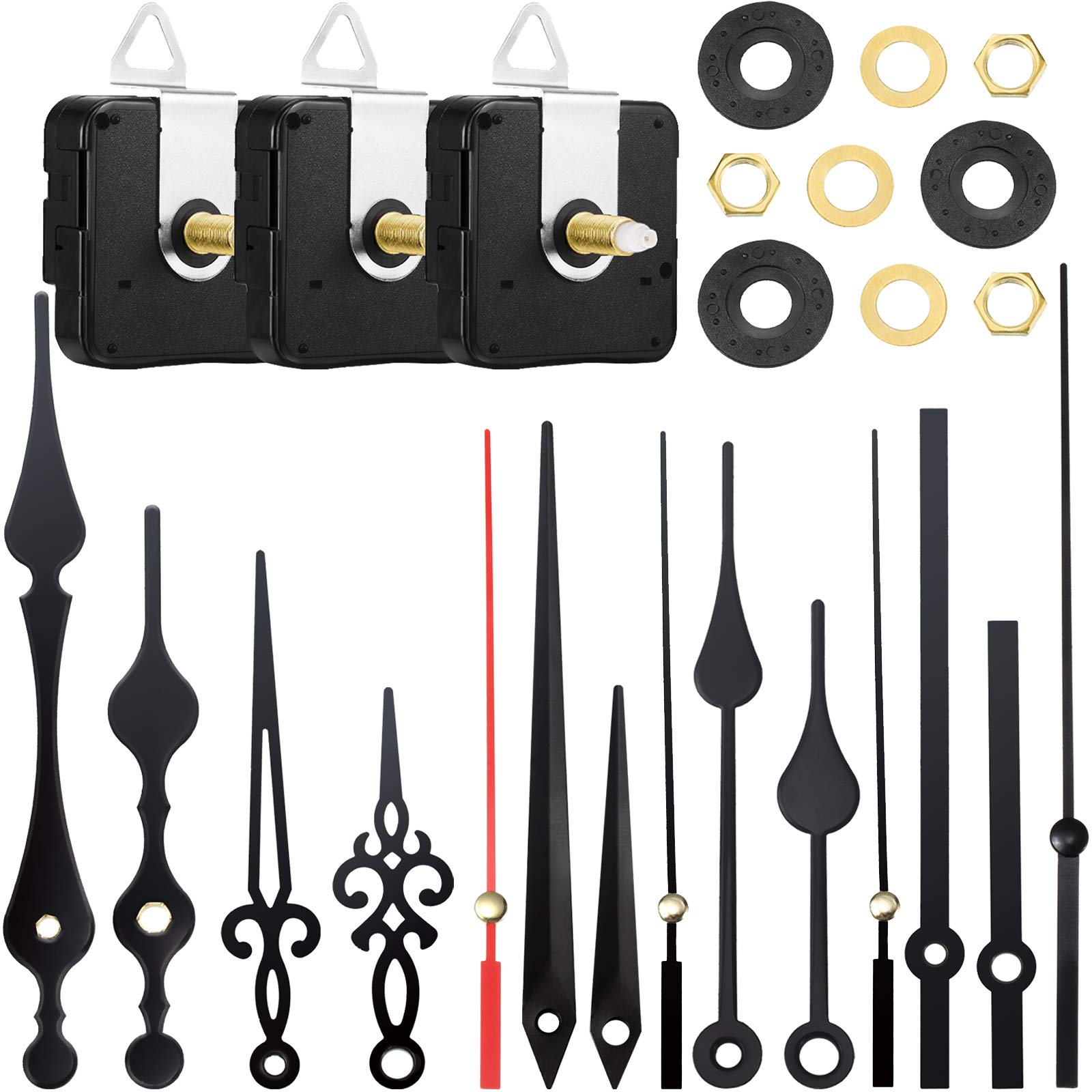 Mudder 3 Pieces High Torque Long Shaft Classic Silent Clock Movement Kit with 5 Different Pairs of Hands for Small Indoor and Outdoor Clocks