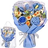 Glitinsel Crochet Flowers Bouquet Gift for Women 10 Pcs Handmade Crochet Tulips Roses Calla Lily Flower Artificial Knitted Bouquet LED Light Bag for Weddings Home Decor(Blue)