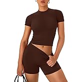 OLCHEE Womens Workout Sets 2 Piece Seamless Summer Outfits Scrunch Butt Shorts Crew Neck T-shirt Matching Clothing Set