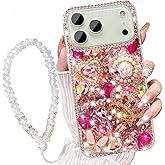AuroiCCY for iPhone 17 Pro Max Case with Wrist Strap Lanyard for Women Girls 3D Bling Shiny Rhinestone Diamond Crystal Pearl Handmade Glitter Cute Cover Phone Case 6.9'', Hot Pink