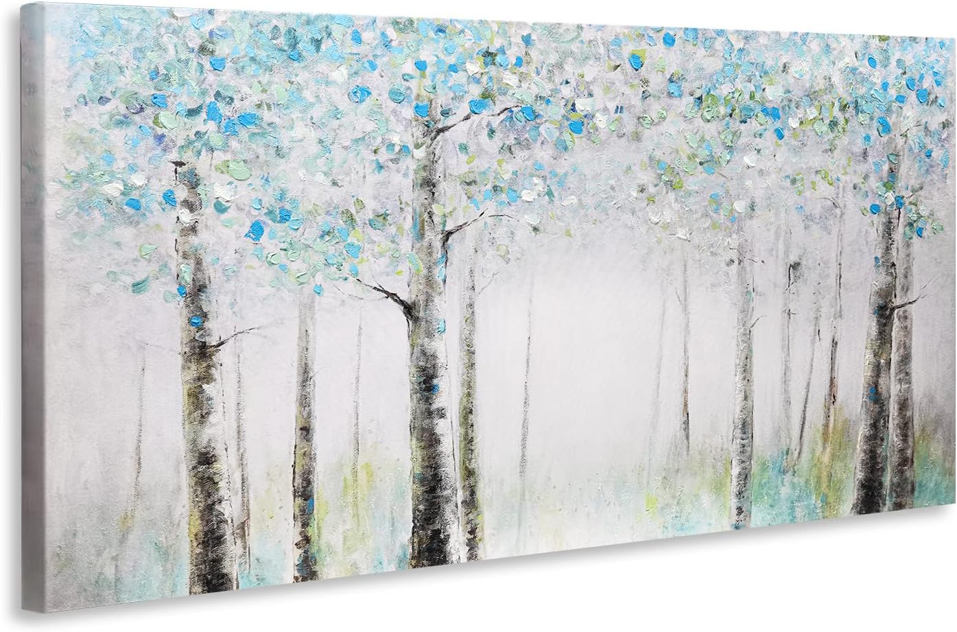 Paintings - ArtbyHannah 24x48 Inch Birch Tree Oil Paintings Wall Art with Hand Painted Textured on Canvas, Green Blue Forest Artwork for Living Room Bathroom Decoration