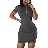 RomMoon Women's Summer Ribbed Bodycon Dress Mock Neck Slim Fit Short Sleeve Mini Dresses