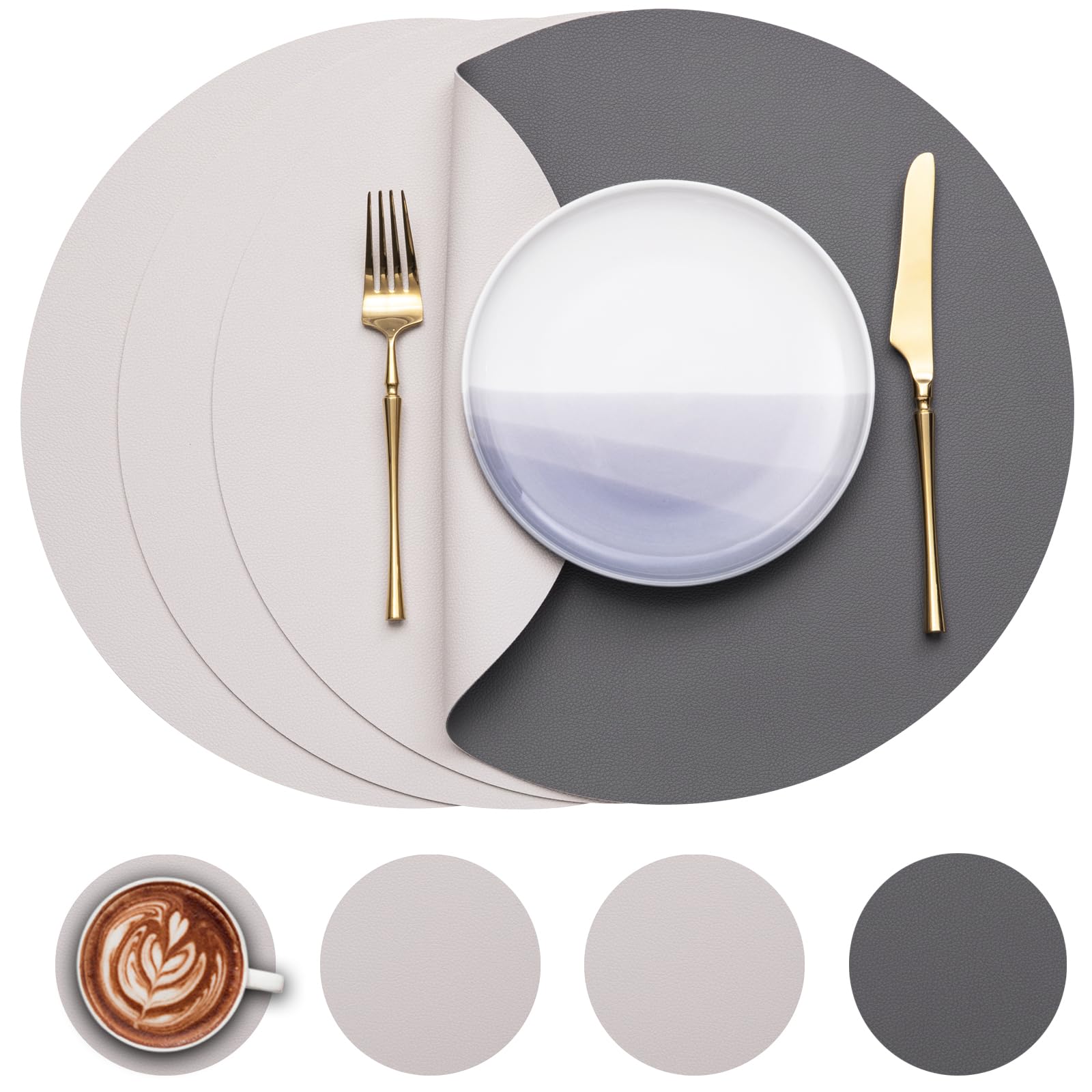 Myir JUN Round Table Placemats Set of 4 Faux Leather Place Mats and Coasters 15 inch Round Dual Sided Placemats Non-Slip Wipe Clean Stain Resistant (Gray White,Set of 4)