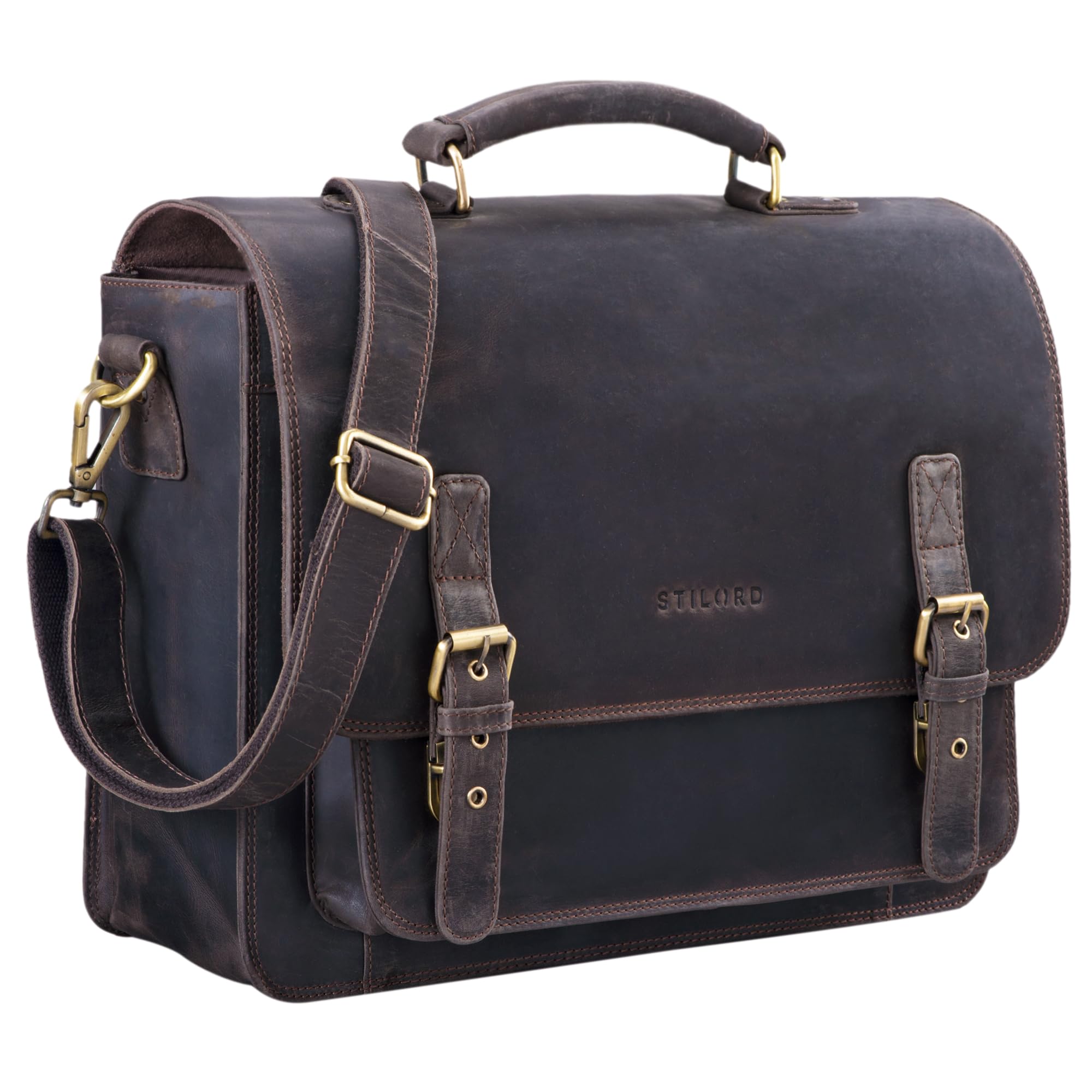 STILORD "James" Leather Business Briefcase Vintage for Men Women Shoulder Bag for Laptop 14 Inch Leather Bag for Teacher and Office Colour:Dark - Brown