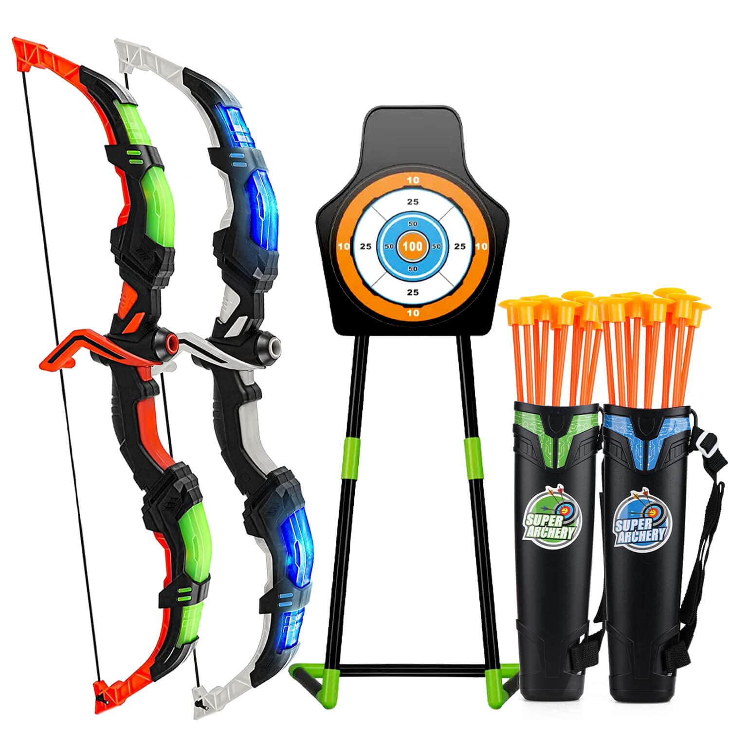 VALYPANOR 2 Pack Bow and Arrow Set for Kids LED Lights Archery Toy Set -Includes 2 Bows 20 Suction Cup Arrows & 2 Quivers & 1 Standing Target Outdoor Toys for Kids Boys & Girls Ages 3-12 Years Old