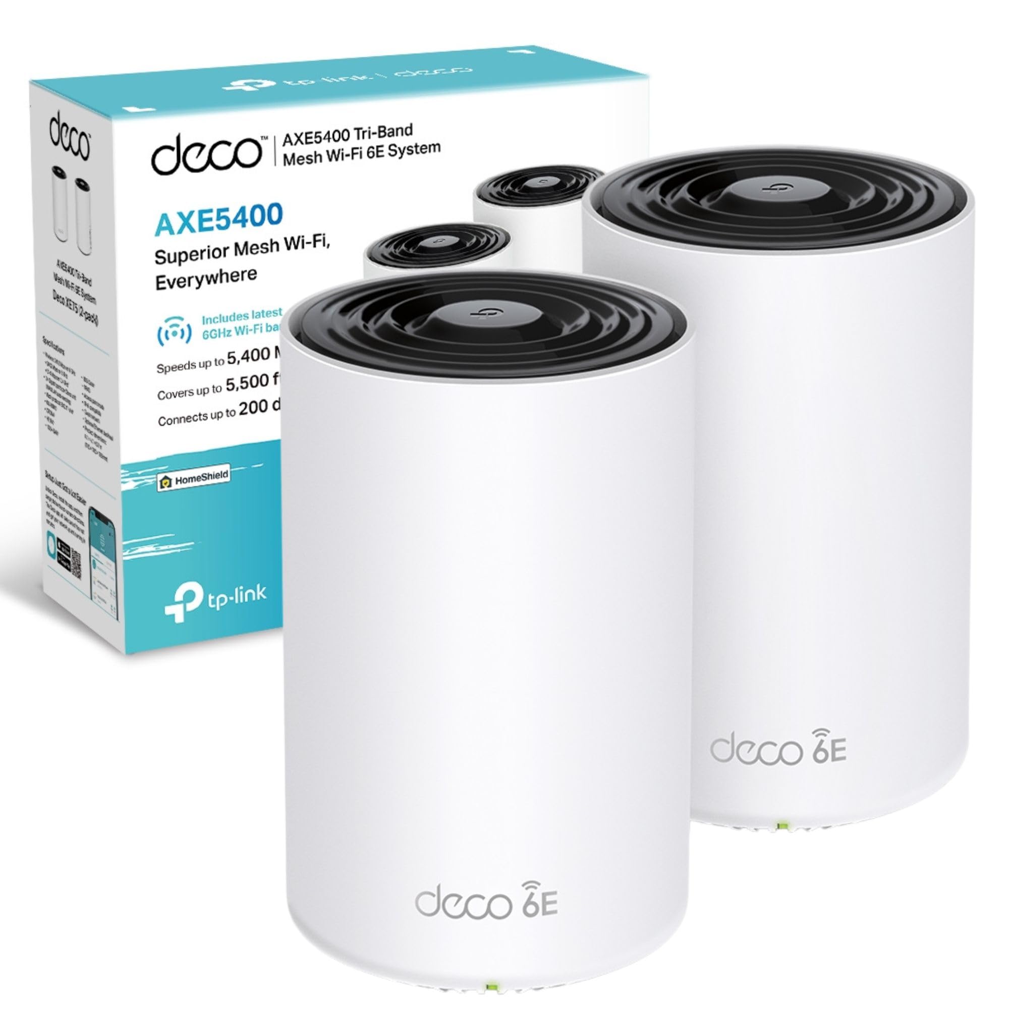 TP-Link Deco XE75(2-pack) AXE5400Mbps Wi-Fi 6E WiFi Mesh System, 8K Streaming, True Tri-Band Speed, AI-Driven WiFi Booster Router, Covers 500m2, Connect 200 Devices, Alexa, Easy Setup, Homeshield