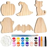 Halloween Wood Craft Kit, 6 DIY Paintable Wooden Ornaments for Tabletop | Unfinished Wood Cutouts for Painting, Pumpkin Ghost Witch Hat Black Cat Bat Candy Corn Shapes, Tiered Tray Shelf Display