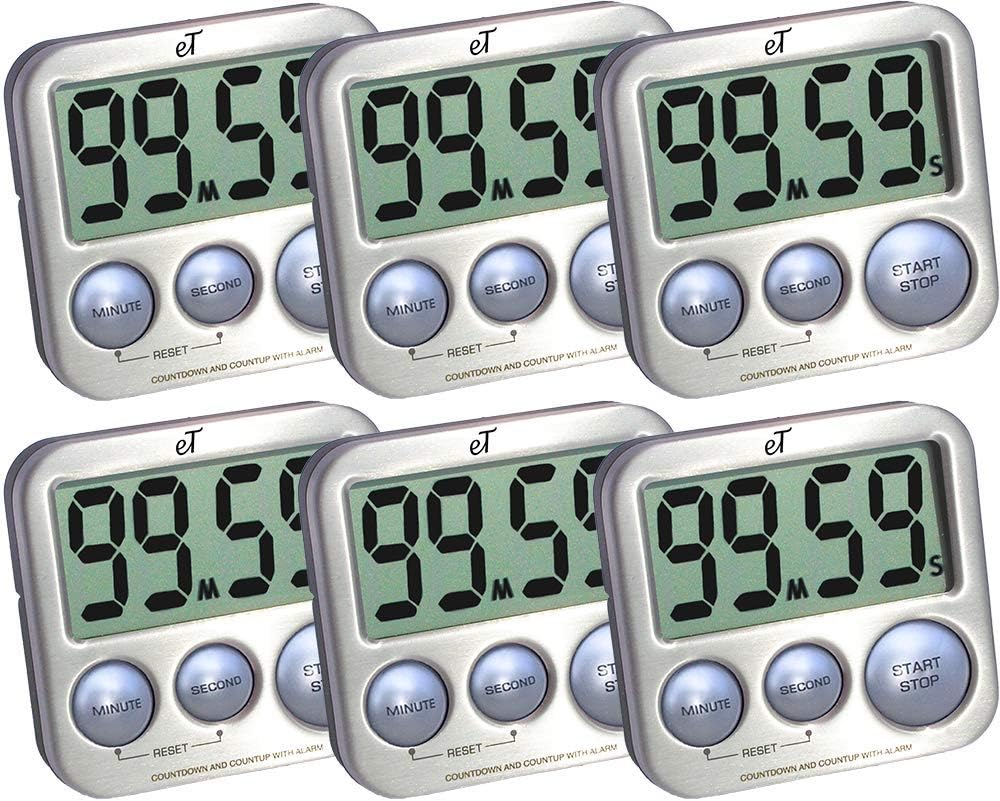 Elegant Digital Kitchen Timer Stainless Steel - Silver - Strong Magnetic Back - Kickstand - Loud Alarm - Large Display - Auto Memory - Auto Shut-Off - Model eT-26 (Silver 6-Pack) by eTradewinds