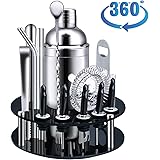 X-cosrack Bar Set,18-Piece Stainless Steel Cocktail Shaker Bar Tools,with Rotating Display Stand and Recipes Booklet,Premium Bartending Kit for Home,Bars,Traveling and Outdoor Parties