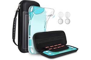 GeeRic 8PCS Case Compatible with Switch Lite, Accessories Kit 1 Soft Silicon Case + 2 Screen Protector + 4 Thumb Caps + 1 Storage Carrying Black