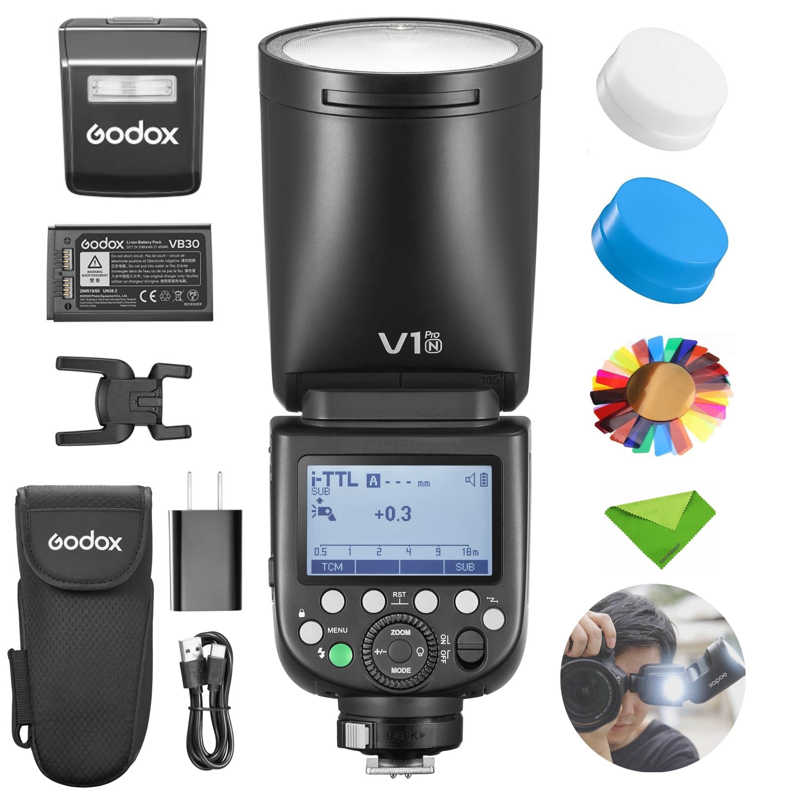 GODOX V1 V1Pro N Flash for Nikon Camera TTL Speedlight, 1/8000 HSS 500 Full Power Flashes, 1.3s Recycle Time, 2.4G Wireless with External Flash SU-1 for Nikon Cameras(Godox V1-N Upgraded, V1Pro-N)