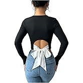 WDIRARA Women's Bow Tie Long Sleeve Crop Tops Cut Out Crew Neck Fitted Tee Shirts